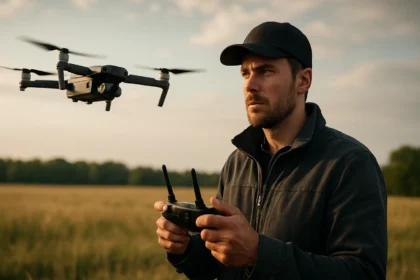 Muž ovládajúci drón na poli počas západu slnka.