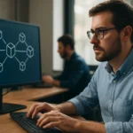 Programátor pracujúci na blockchain technológii v kancelárii.