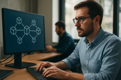 Programátor pracujúci na blockchain technológii v kancelárii.