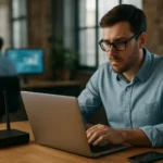 Muž pracujúci na laptopu v kancelárii s technológiou IoT.