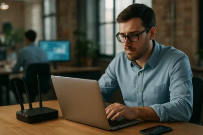 Muž pracujúci na laptopu v kancelárii s technológiou IoT.