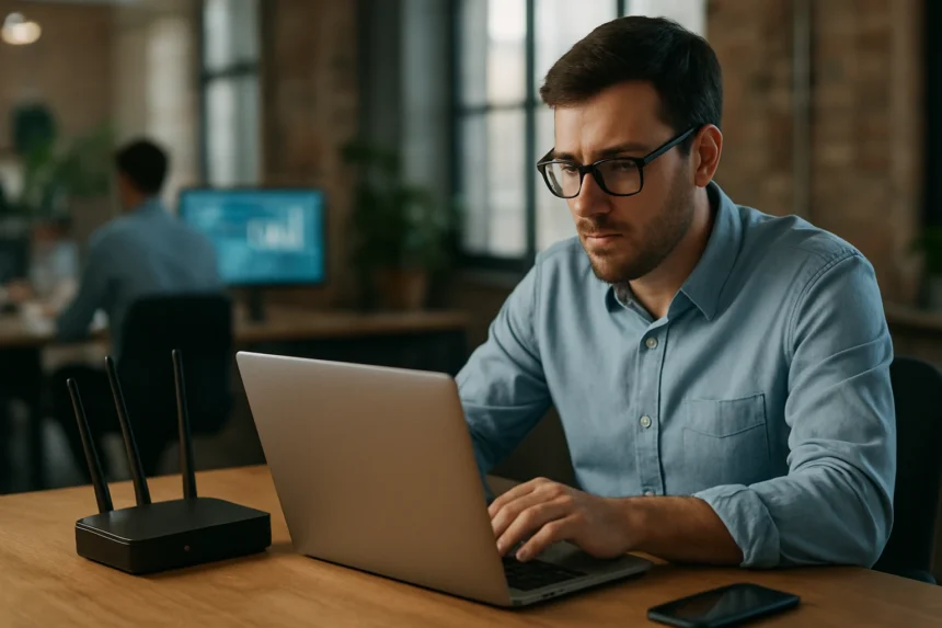 Muž pracujúci na laptopu v kancelárii s technológiou IoT.