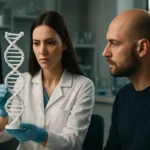 Vedec prezentuje model DNA v laboratóriu s pacientom.