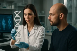 Vedec prezentuje model DNA v laboratóriu s pacientom.