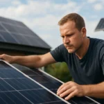 Muž kontroluje solárne panely na dome, slnečná energia