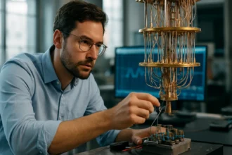 Vedec pracujúci na kvantovom počítači v laboratóriu v Budapešti