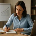 Žena plánuje svoju kariéru s poznámkovým blokom v kancelárii