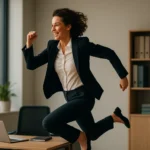 Energetická žena v obleku skáče v kancelárii s úsmevom.