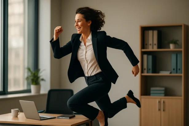 Energetická žena v obleku skáče v kancelárii s úsmevom.