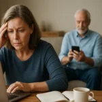 Žena vyzerajúca rozrušene pri práci na počítači doma.