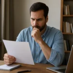 Muž premýšľa nad dokumentom pri stole s notebookom.