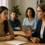 Kariérne poradenstvo: Poradca diskutuje s uchádzačkou o zamestnaní.