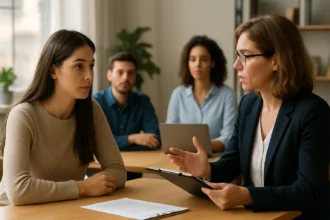 Kariérne poradenstvo: Poradca diskutuje s uchádzačkou o zamestnaní.