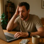 Muž v šoku, plánujúci financovanie sabbaticalu pri počítači.