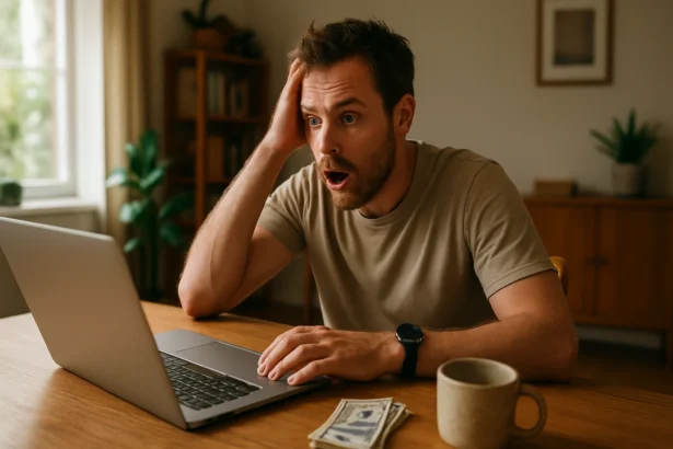 Muž v šoku, plánujúci financovanie sabbaticalu pri počítači.