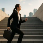 Žena v obleku beží hore po schodoch, symbolizuje kariérny rast.