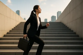 Žena v obleku beží hore po schodoch, symbolizuje kariérny rast.