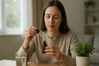 Žena používajúca terpin-hydrát z liekovky na zníženie kašľa