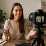Mladá žena pri tvorbe videa o influencer marketingu