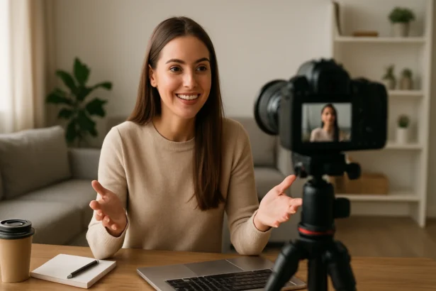 Mladá žena pri tvorbe videa o influencer marketingu