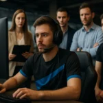 E-športový profesionál počas tréningu s tímom