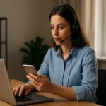 Žena s headsets a laptopom pri virtuálnom asistentovi