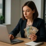 Žena s peniazmi pri počítači, zvažujúca kariéru v skrytom nákupe.