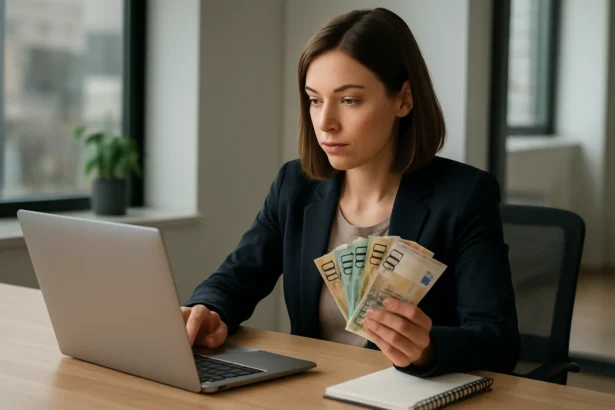 Žena s peniazmi pri počítači, zvažujúca kariéru v skrytom nákupe.
