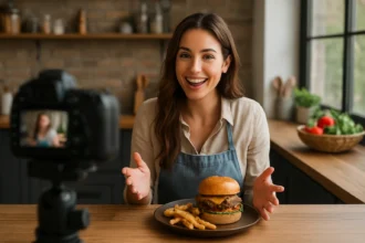 Žena prezentuje hamburger a hranolky pred kamerou na food blogu.