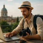 Muž s fotoaparátom a laptopom pracuje na cestovateľskom blogu.