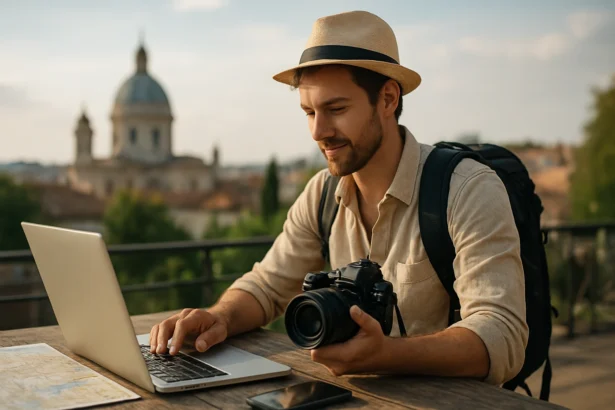 Muž s fotoaparátom a laptopom pracuje na cestovateľskom blogu.