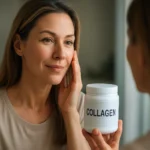 Žena sa pozerá na kolagén v nádobe, stará sa o svoju pleť