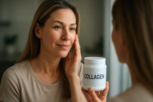 Žena sa pozerá na kolagén v nádobe, stará sa o svoju pleť