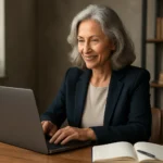 Žena vo veku nad 50 rokov pracuje na laptope, usmievajúc sa.