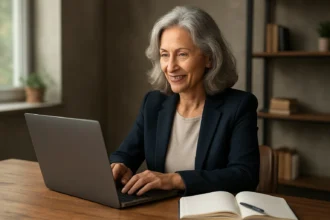 Žena vo veku nad 50 rokov pracuje na laptope, usmievajúc sa.