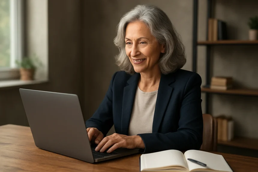 Žena vo veku nad 50 rokov pracuje na laptope, usmievajúc sa.
