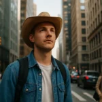 Mladý muž z vidieka v veľkomeste s klobúkom, hľadí na budovy.