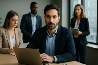 Maďarskí odborníci v kancelárii, diskutujúci o kariérnych možnostiach.