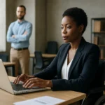 Žena v invalidnom vozíku pracujúca na laptope v kancelárii.