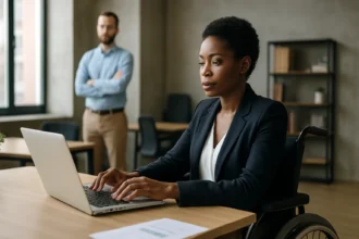 Žena v invalidnom vozíku pracujúca na laptope v kancelárii.