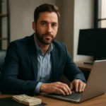 Muž pracujúci na laptopu s peniazmi na stole v kancelárii