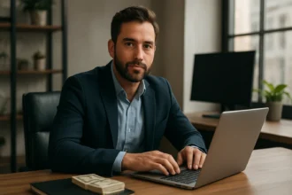 Muž pracujúci na laptopu s peniazmi na stole v kancelárii