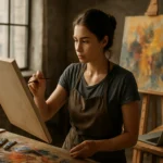 Žena maľuje na prázdne plátno v ateliéri s umeleckými potrebami.