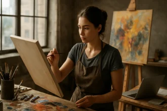 Žena maľuje na prázdne plátno v ateliéri s umeleckými potrebami.