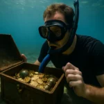 Potápač objavujúci poklady v podmorskom trezore s potápačskou trubicou.