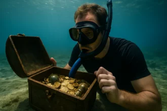 Potápač objavujúci poklady v podmorskom trezore s potápačskou trubicou.