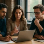 Tím diskutuje o strategických plánoch pre technologický startup.