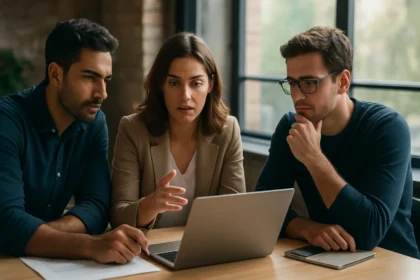 Tím diskutuje o strategických plánoch pre technologický startup.