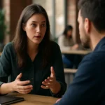 Introvert diskutuje s partnerom v kaviarni o komunikácii a vzťahoch.