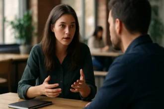 Introvert diskutuje s partnerom v kaviarni o komunikácii a vzťahoch.